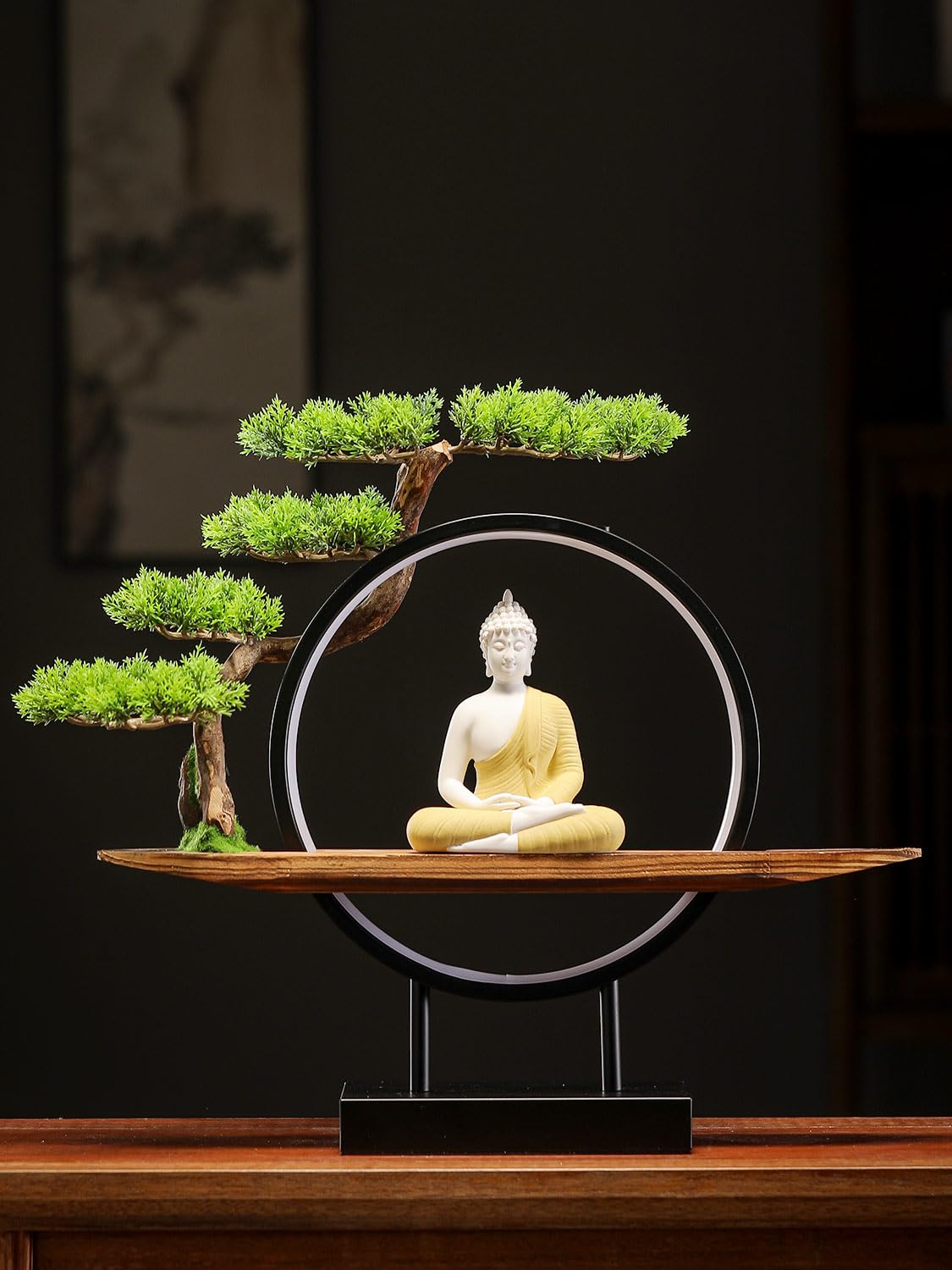 Buddha Statue Indoor with LED Circle Light and Green Artificial Tree (Yellow)