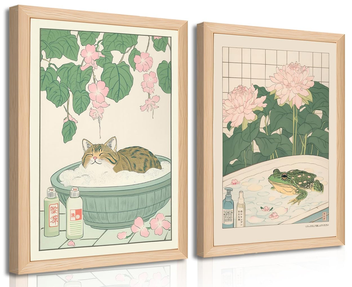 Japanese Cats Frogs Bathroom Wall Art Anime Cute Funny Canvas Print Decor (Cat Frog / 16"L x 12"W)