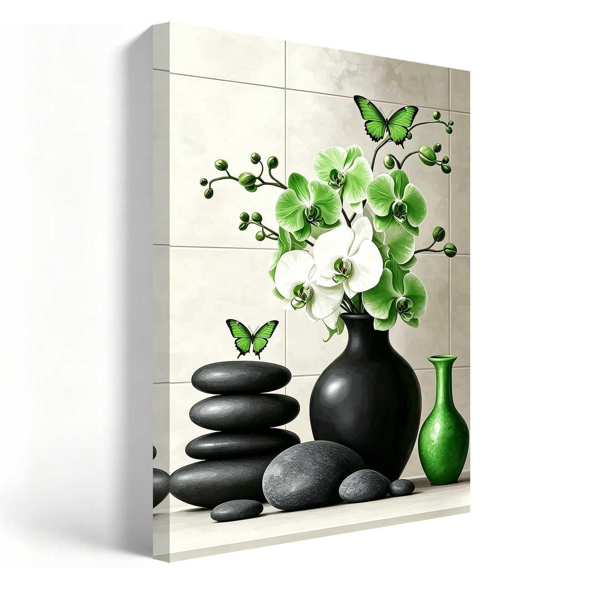 Orchid Flower Canvas Wall Art Zen Bathroom Pictures Prints Spa Stone Butterfly Wall Decor Black White Yoga Meditation Paintings for Living Room Bedroom (Green / 24"L x 16"W)