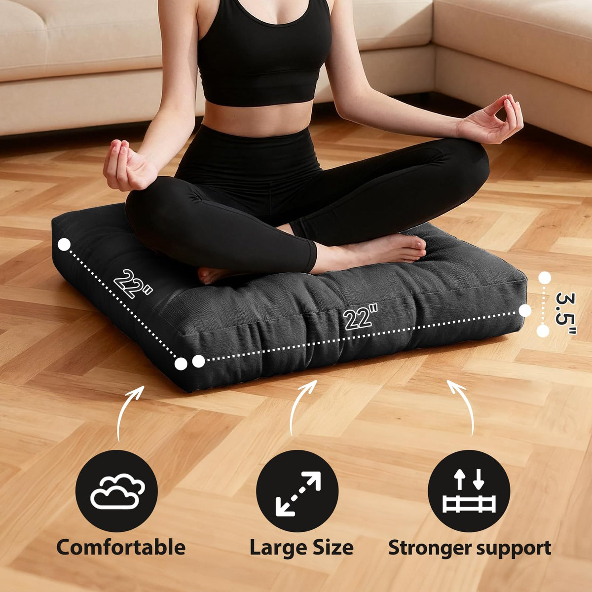 22 Inch Square Floor Cushions (Square|black / 2 Count (Pack of 1))