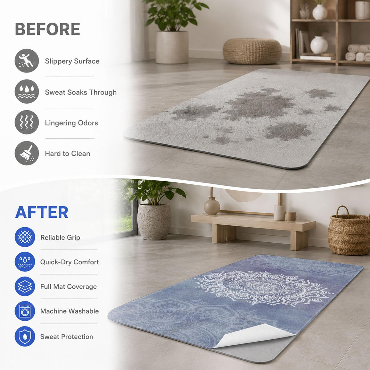 Yoga Mat Towel (Blue Flower-02 / Small)