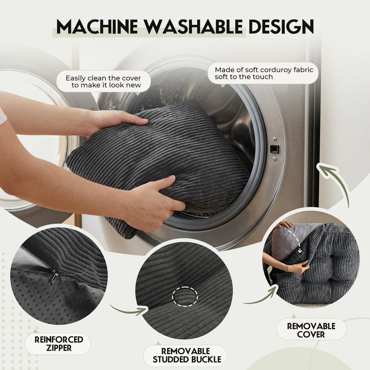 11" Thick Washable Floor Pillow for Adults (Dark Gray)