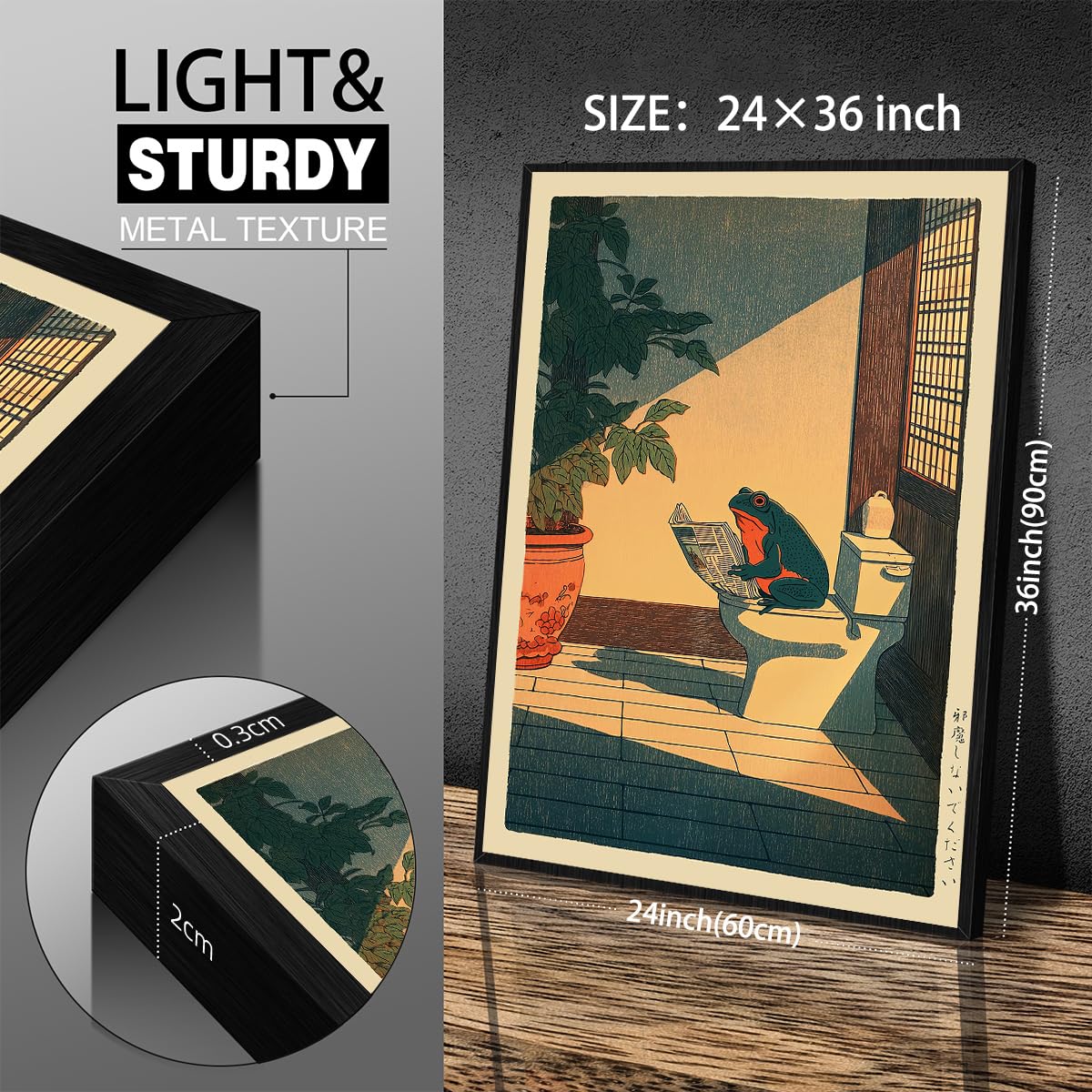Japanese Frog Black Framed Wall Art Cute Animal Canvas Print Funny Frog On The Toilet Reading Newspaper Posters 24x36 inch Vintage Japan Painting Decor for Oriental Asia Bathroom Restroom Ready to hang (Black Framed / Japanese Frog / 36"L x 24"W)
