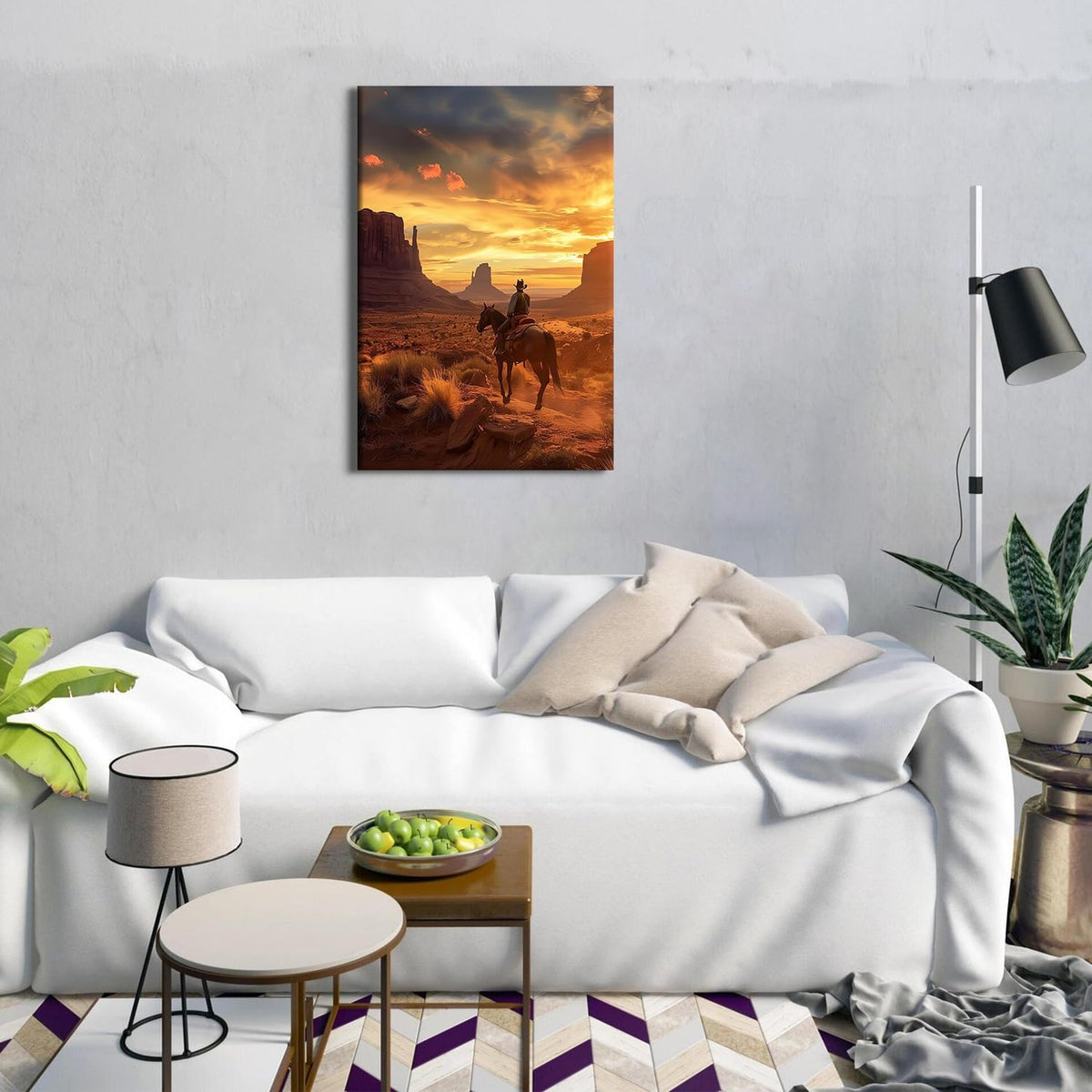 Cowboy Western Wall Art Desert Mountain Wall Decor Sunset Landscape Picture for Living Room Bedroom Rustic Cowboy on Horse Painting Canvas Prints Southwest Poster Artwork Home Decorations 16x24” (16"L x 24"W / ZRCB13)