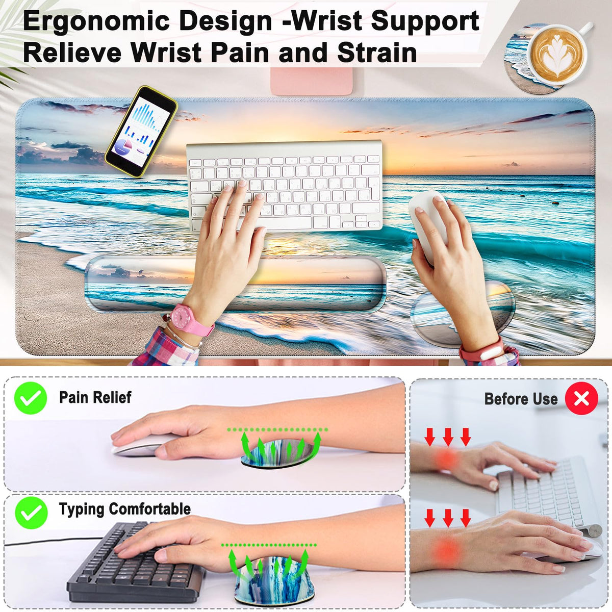 4 in 1 Mouse Pad and Keyboard Wrist Rest (A1-beach)