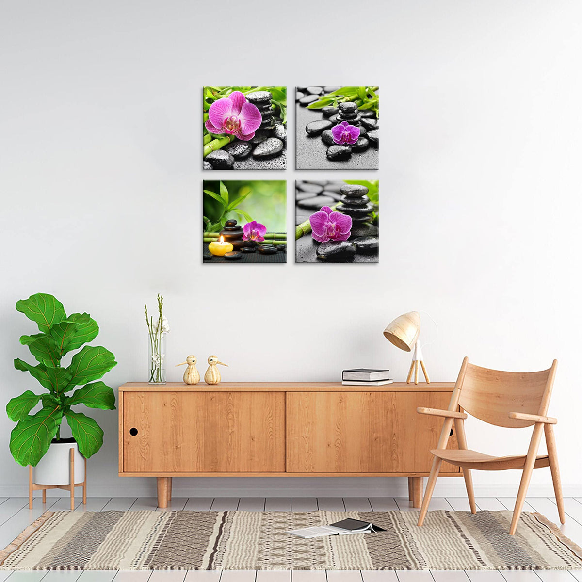 Modern 4 Piece Massage Stones Zen Pink Orchid Flower Plants Candles Canvas Wall Art Spa Still Life Modern Home Decor Ready to Hang Painting for Living Room Decoration Stretched and Framed (12X12inchX4 / orchid & stone)