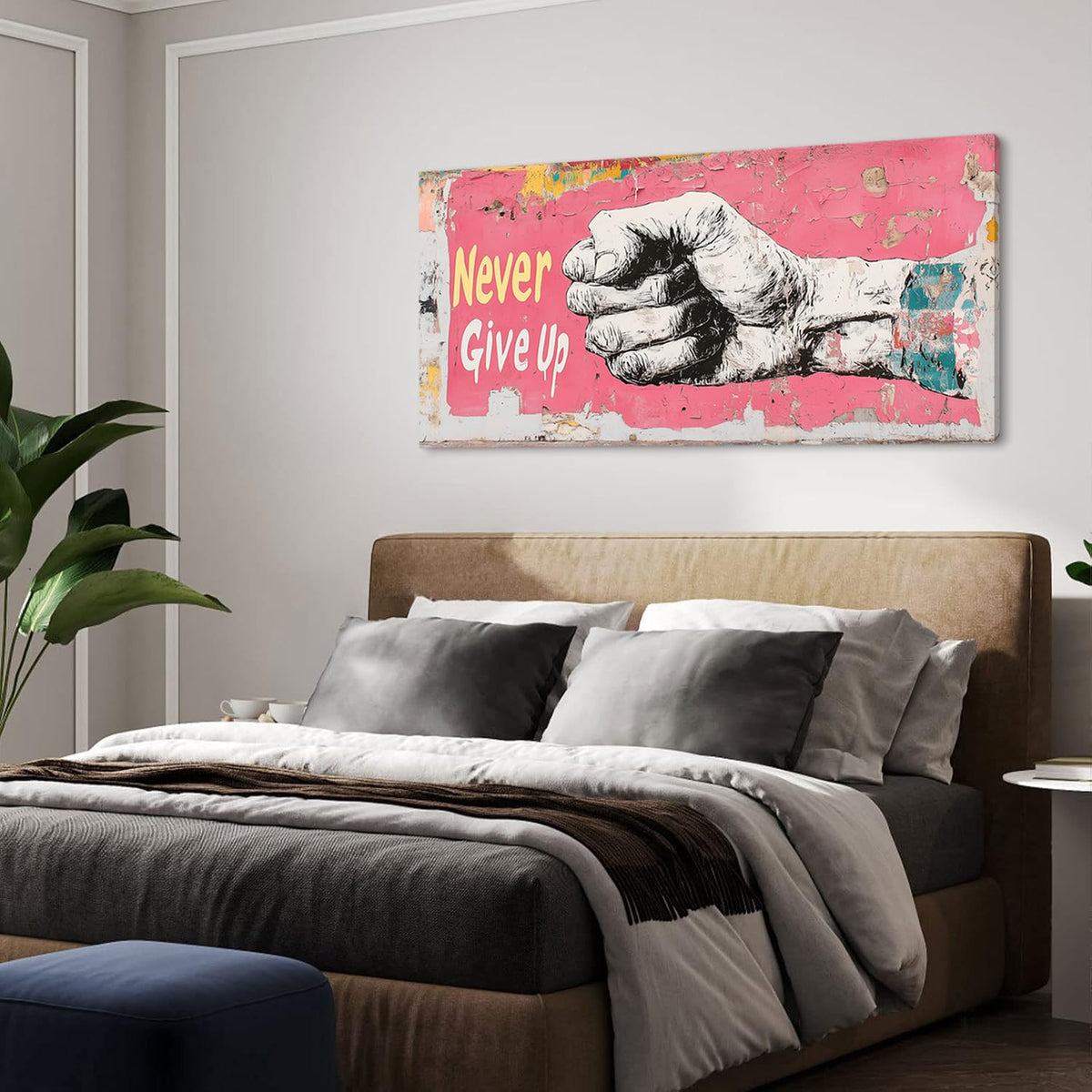 Pink Street Art Never Give Up Wall Art for Living Room Office Urban Motivation Graffiti Mural Painting Prints Inspirational Canvas Artwork Dining Bedroom Decor (Abstract / Pink White Never Give Up Wall Art / 40"L x 20"W)