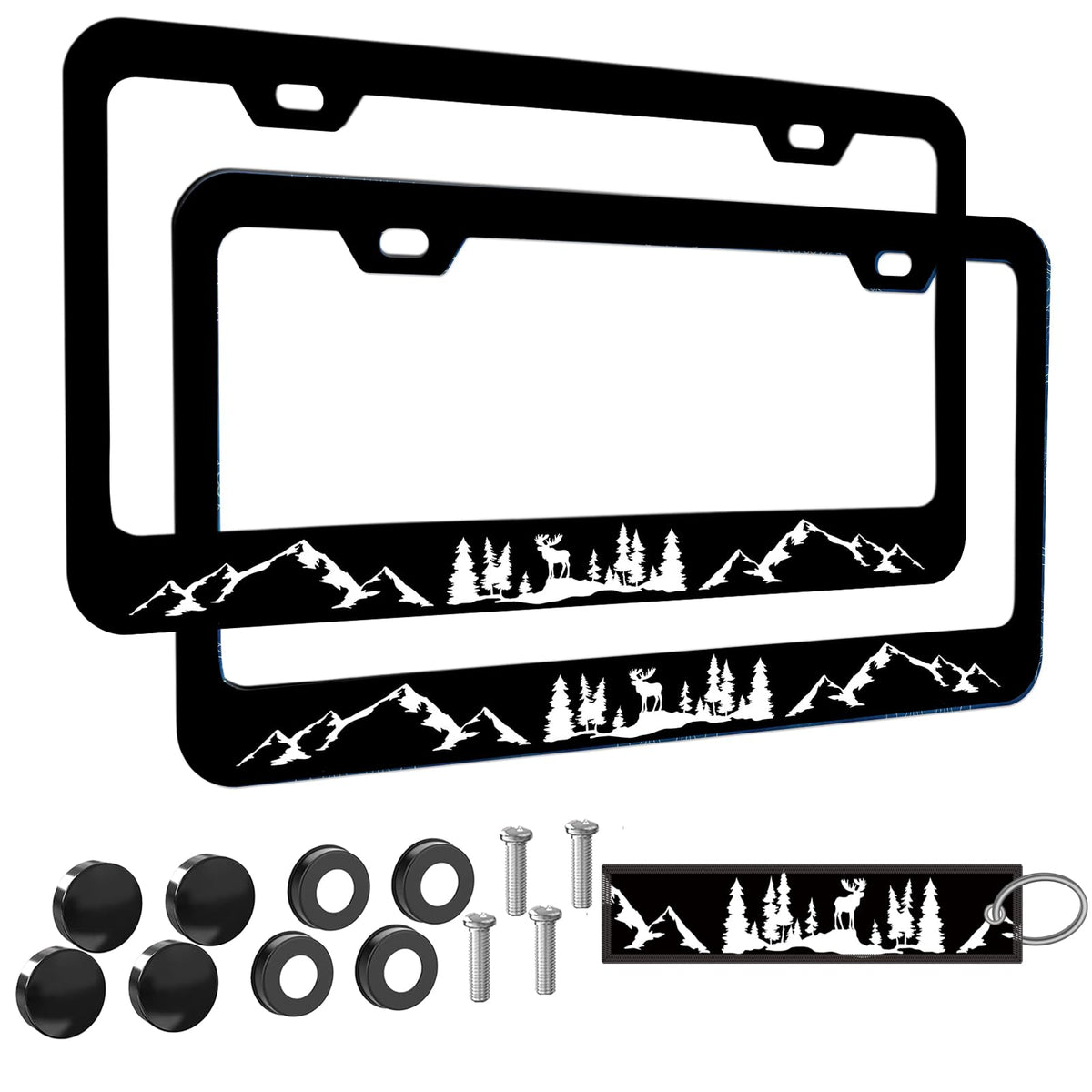 Moose Forest Mountains License Plate Frame Women Men 2Pc Car Tag (for Mountain-Black1)