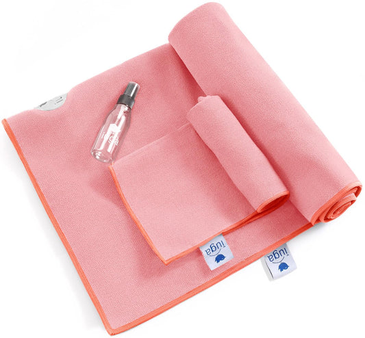 Yoga Towel for Hot Yoga Non Slip Extra Thick Yoga Mat Towel + Hand Towel 2in1 Set with Corner Pockets Super Absorbent and Quick Dry Hot Yoga Towel (Pink / 72”X26”)