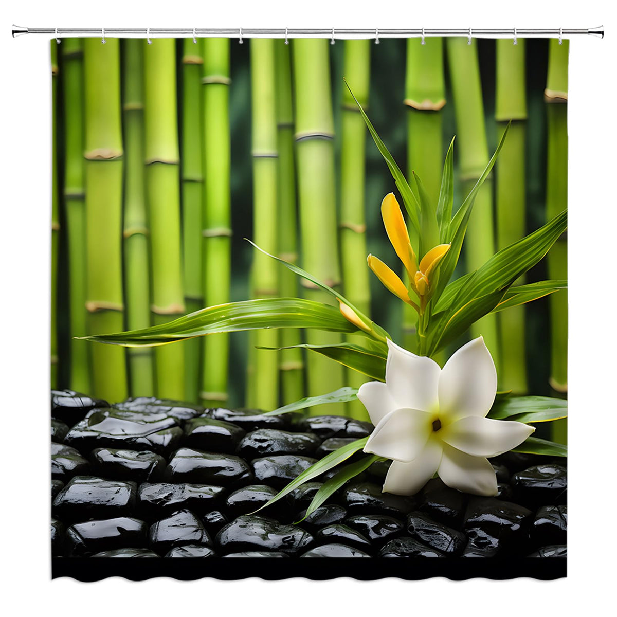 Bamboo Shower Curtain Spa Green Bamboo Black Stone Floral Leaf Garden Nature Japanese Asian Small Stall Bathroom Home Curtain Decor with Hooks (Green Black / 47"W x 70"L (Pack of 1))
