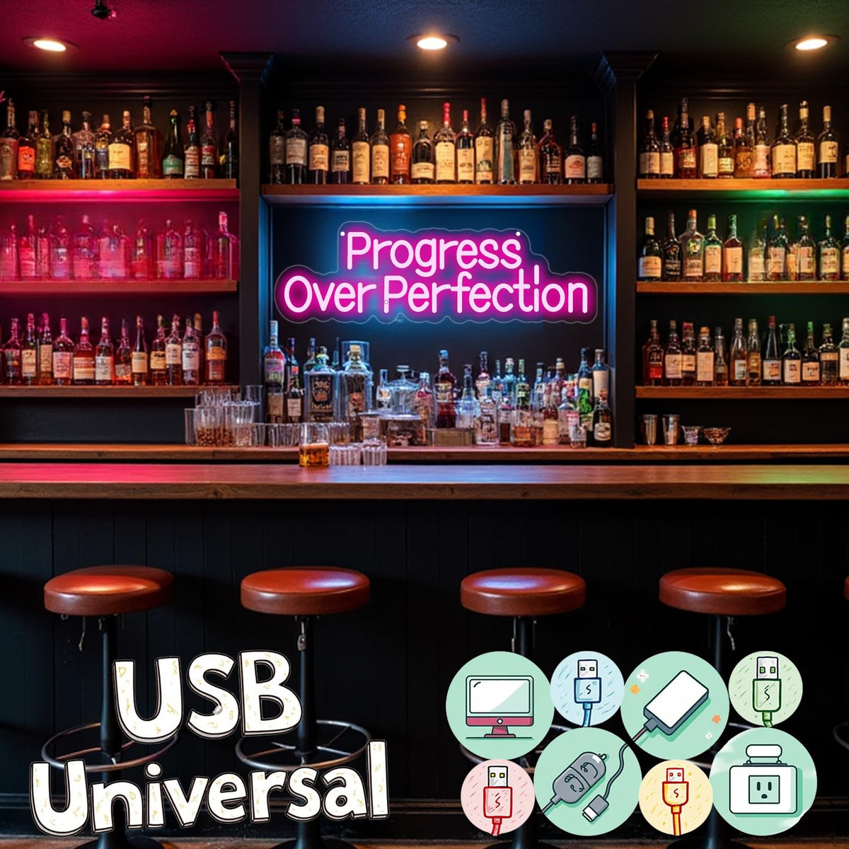 Progress Over Perfection Neon Sign Positive LED Wall Decor (Progress-Pink)