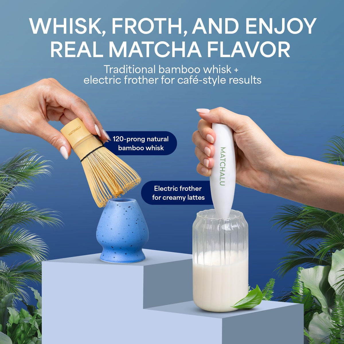 Matcha Whisk Set With Ceramic Matcha Bowl (Blue)