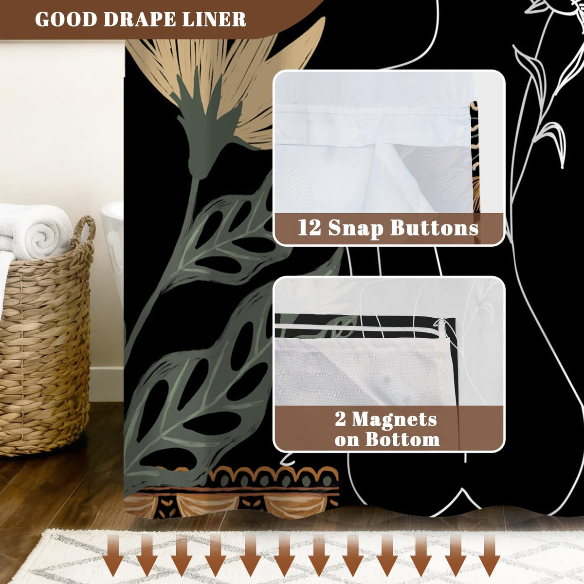 No Hook Shower Curtain with Snap in Liner Set (Body Art)