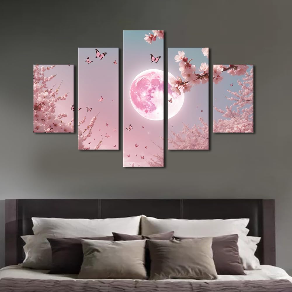 Canvas Wall Art Premium Whispering Moon And Cherry Blossoms Large Framed Poster Minimalist Asian Decor Bedroom Wall Display Five Panel Poetic Night Artwork 60" Wx40 H‌ (60''Wx40''H / Artwork-10)