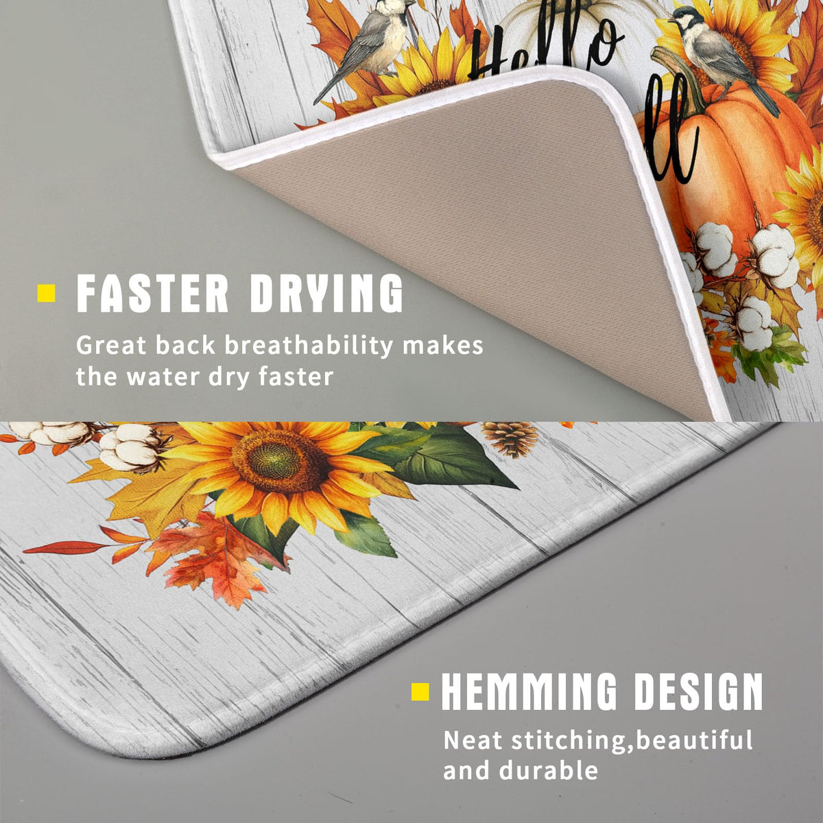 Hello Fall Sunflowers Dish Drying Mat for Kitchen Counter (Hello Fall / 16" x 18")