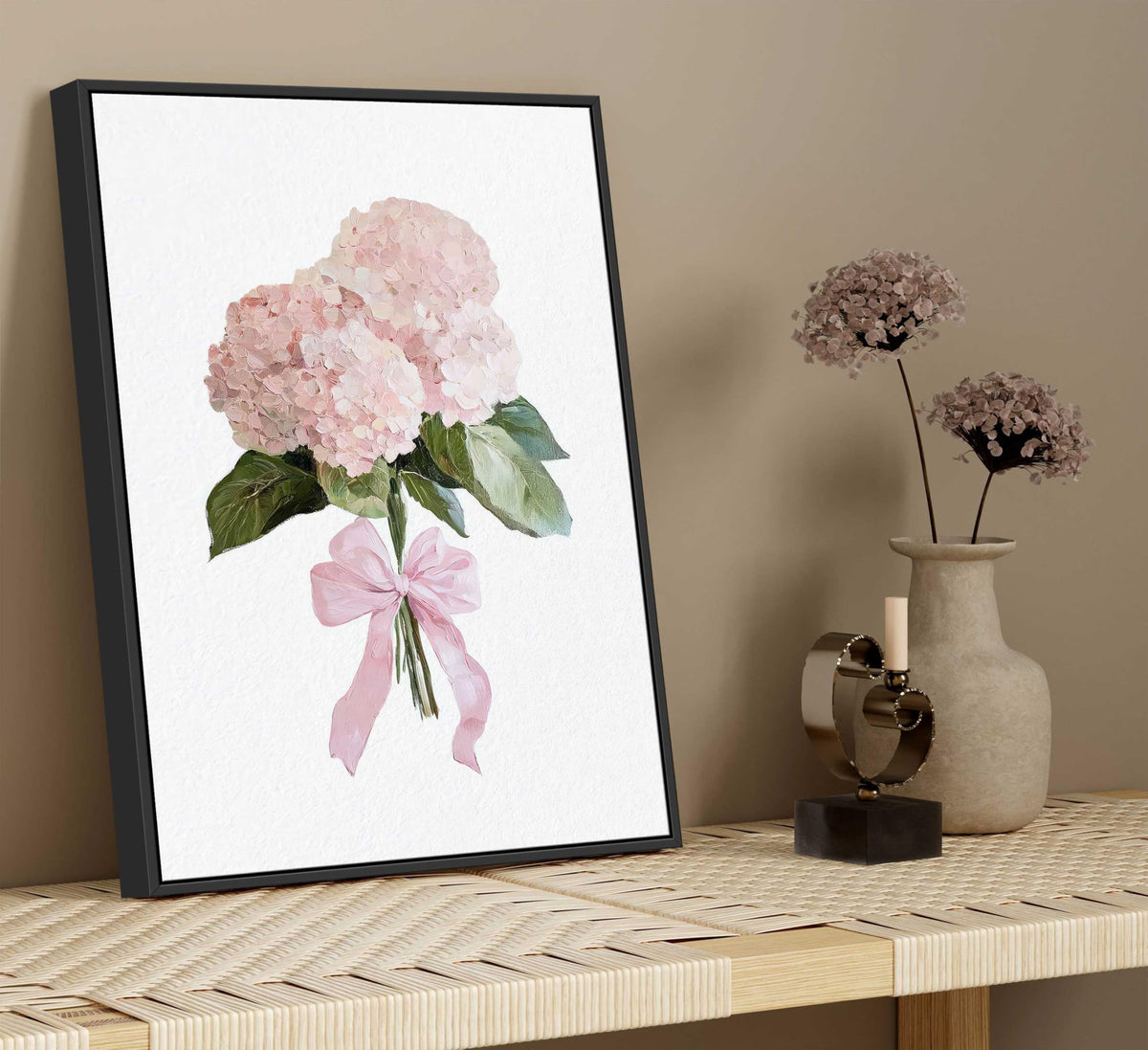 Framed Pink Hydrangea Floral Canvas Wall Art Coquette Pink Bow Hydrangea Flower Painting Picture Wall Decor Preppy Aesthetic Poster Print Artwork for Girls Bedroom Dorm Apartment Home Decoration (Framed Hydrangea / 16"L x 12"W)