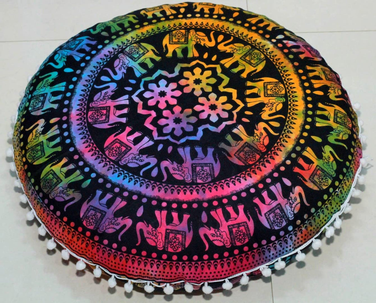 22" Round Mandala Boho Pillow Cover Meditation Room Seating Poufs Cover for Living Room Yoga Room Home Bedroom Balcony Garden Party Decoration Cotton Floor Cushion Cover (22" / Multi U.p Elephant)