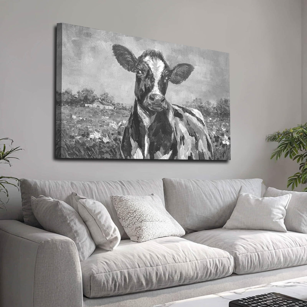 Funny Animal Wall Art Spring Pictures Wall Decor Grey Wall Decoration for Dining Room Living Room Office 24"×36" Ready to Hang (36"L x 24"W / Black & white cows)