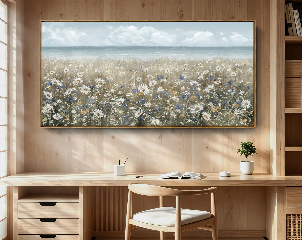 Large Wall Art for Living Room Framed Boho Beach Coastal Floral Ocean Wall Picture Farmhouse Daisy Flower Sea Canvas Print Nautical Neutral Vintage Warm Artwork Home Bedroom Office Decor 48x24 (Coastal Flower Sea Art / 48"L x 24"W)