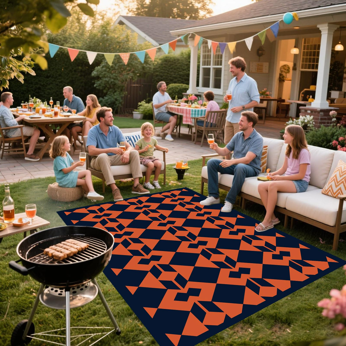 Dark Blue Rust Red Geometric Outdoor Rug 5x8 FT Waterproof Mat for Patio RV (Diamond Mask / 5x8 Feet)
