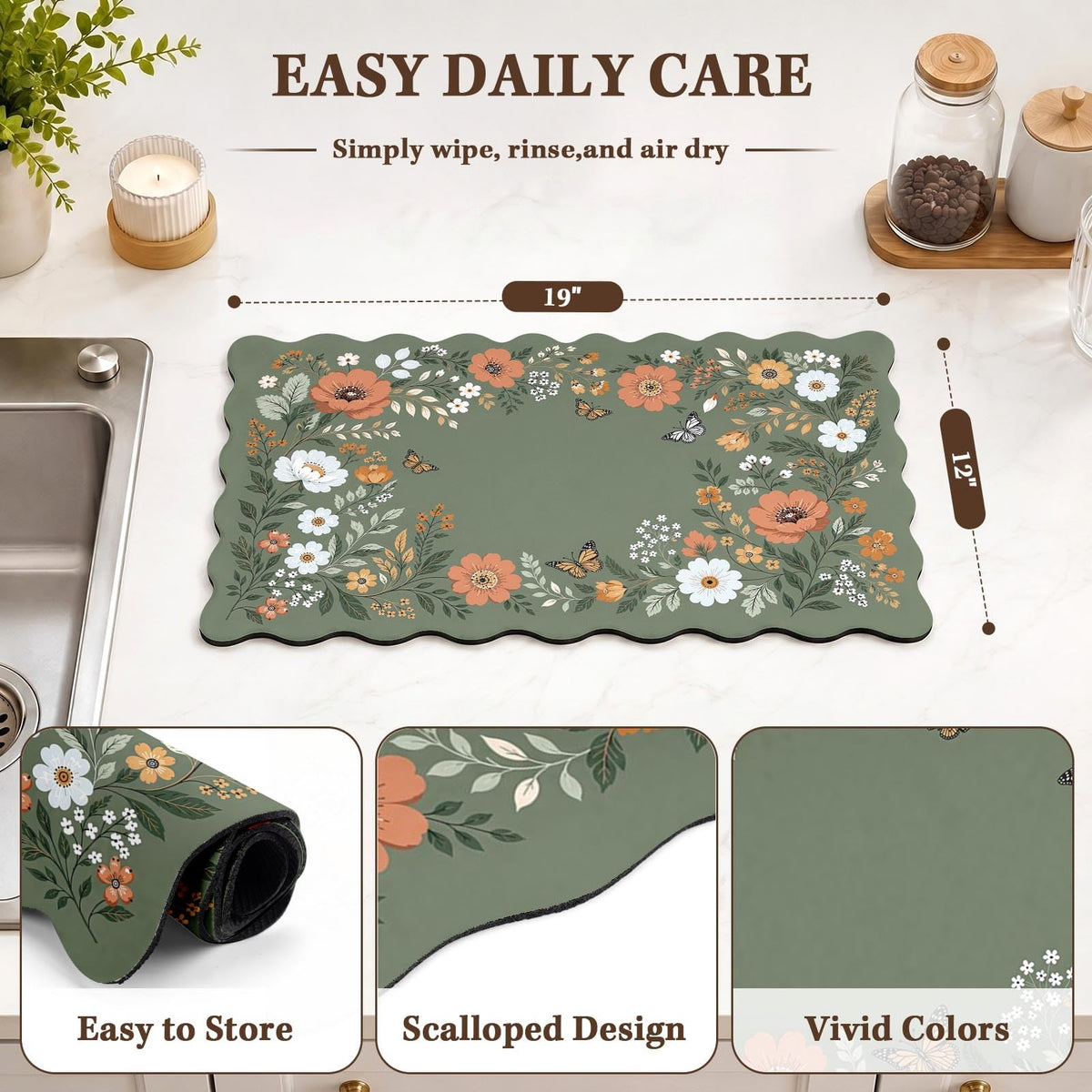 Scalloped Dish Drying Mat 2 (Cottagecore Floral Green / 12x19 inch)