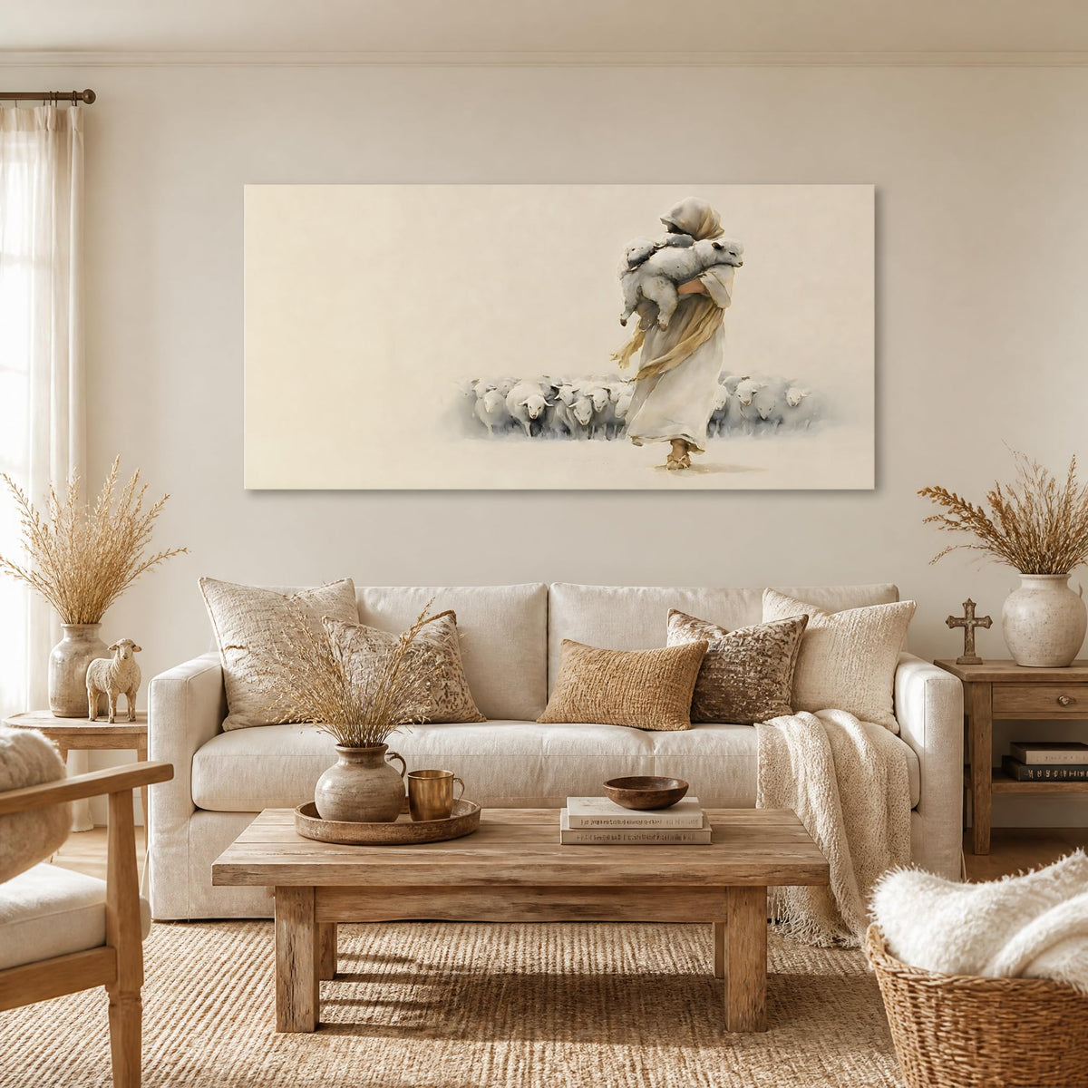 Good Shepherd Jesus Carrying Lamb Canvas Wall Art Christian Painting Flat Print Gallery Wrapped Minimalist Religious Artwork for Living Room Bedroom Bathroom Decor (Mysterious / White Shepherd Sheep 11 / 40"L x 20"W)