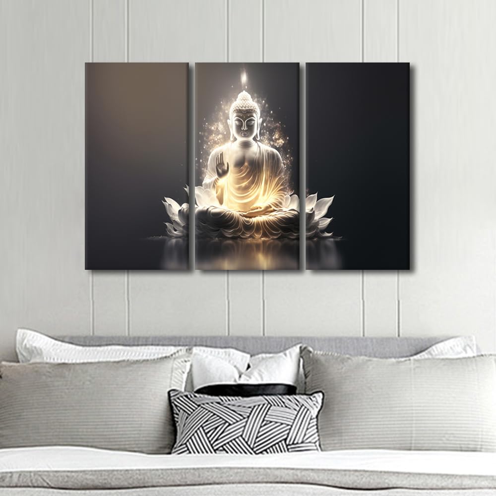 Buddha Canvas Wall Art Modern Black and White Canvas Decor Buddha Meditates Poster Prints on Canvas 3 Panel Home Wall Decor for Living Room Bedroom Wall Decoration Stretched Ready to Hang 42x28 in (42x28 in / 3PANEL-03)