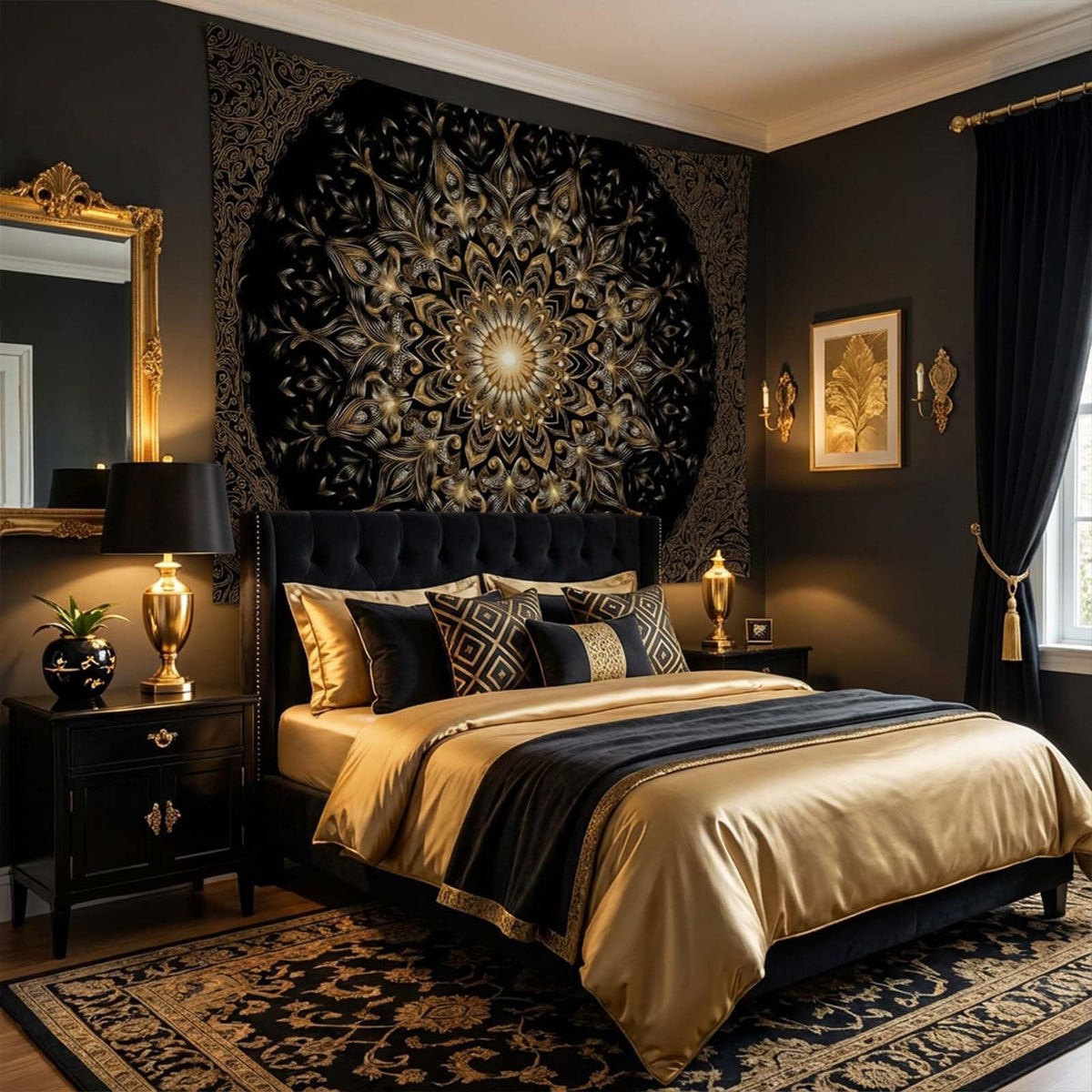 Tapestry Black Gold Luxury Mandala Tapestries Gothic Palace Tapestries Elegant Wall Tapestry Bedroom Dormitory Living Room Decoration 80"x60" (80"L x 60"W / Black Golden)