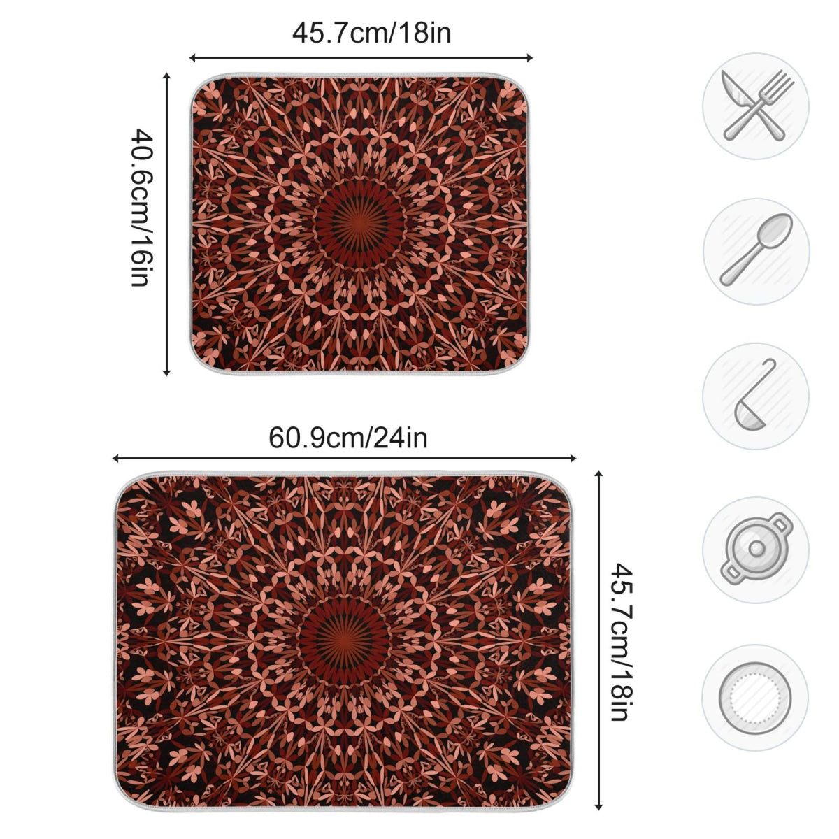 Super Absorbent Dish Drying Mat (Mandala Maroon Boho / 16" x 18")
