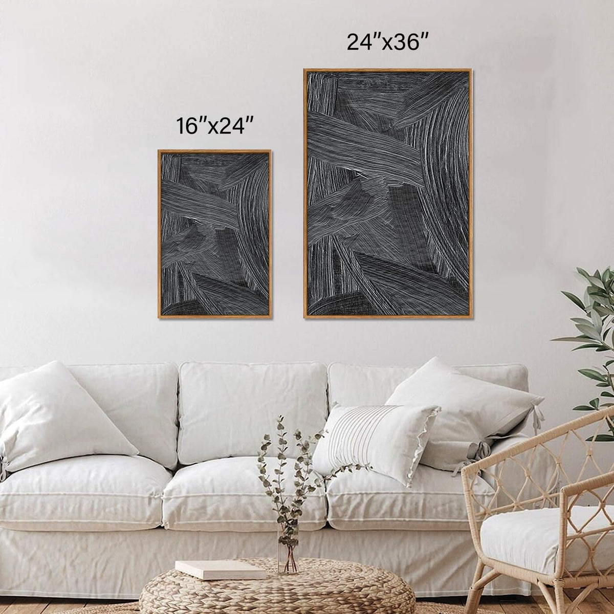 Black and White Framed Canvas Wall Art Set (Geometric Brushstroke / 36"L x 24"W)