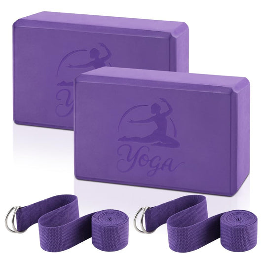 2 Yoga Block and 2 Yoga Strap Set (Purple B / 9×6×3")