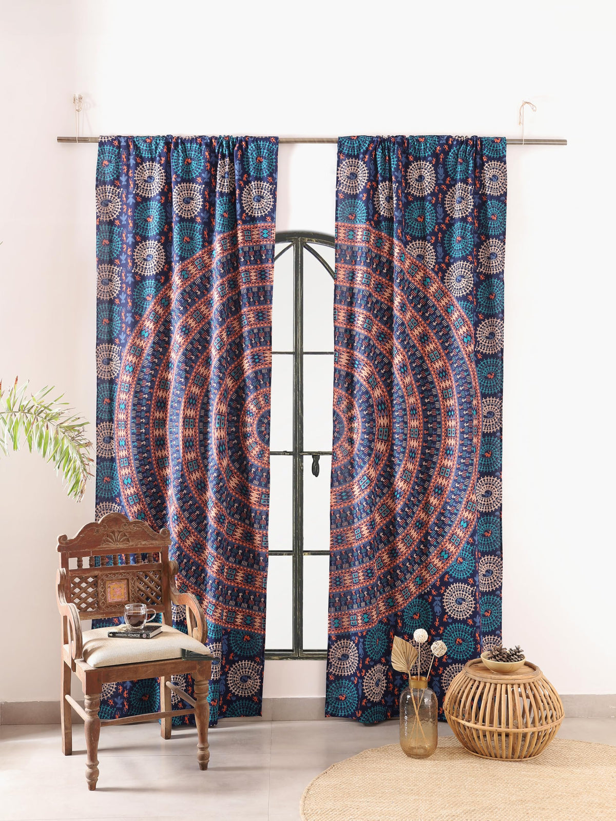Blue Hippie Mandala Art of Warli Curtains 100 Inch Length for Living Room Bedroom 2 Panels Set Semi Sheer Window Curtains 76 Inch Width Boho Farmhouse Drapes W76xL100 Tarquoise (Warli Blue Tarquoise / 76"W x 100"L (Pack of 2))