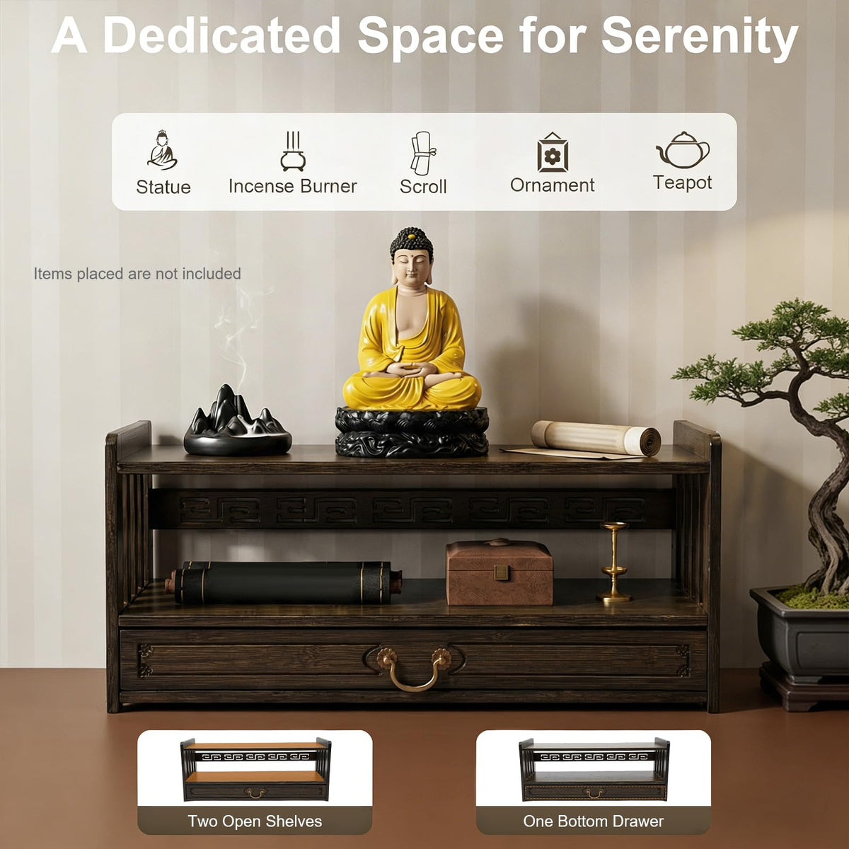Low 3 Tier Meditation Table with Drawer (Walnut Color / 27.2”W)