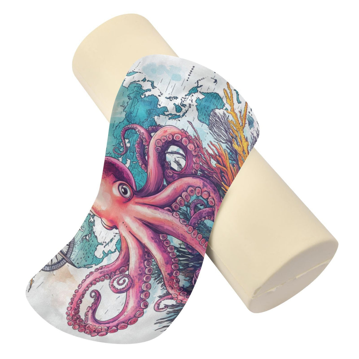 Octopus and Compass Neck Roll Pillow Bolster Round Health Memory Foam Long Cervical Cylinder Pillows with Removable Washable Cover for Body Bed Legs Back Yoga (Octopus and Compass)