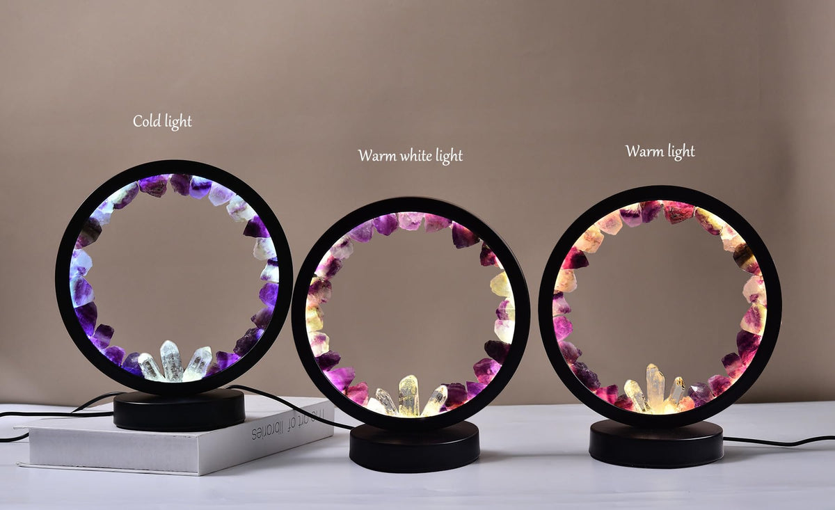 Natural Purple Fluorite Crystal Night Light Round Lamp Bedroom (Purple Fluorite Round)