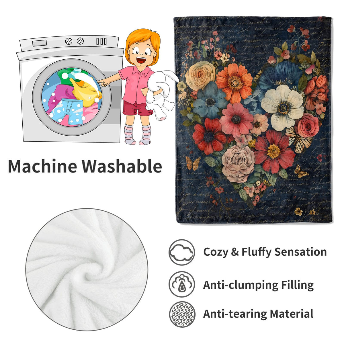 Heart of Flower Blanket Vintage Floral Throw Blankets with Colorful Blooms (50x60in / Heart)