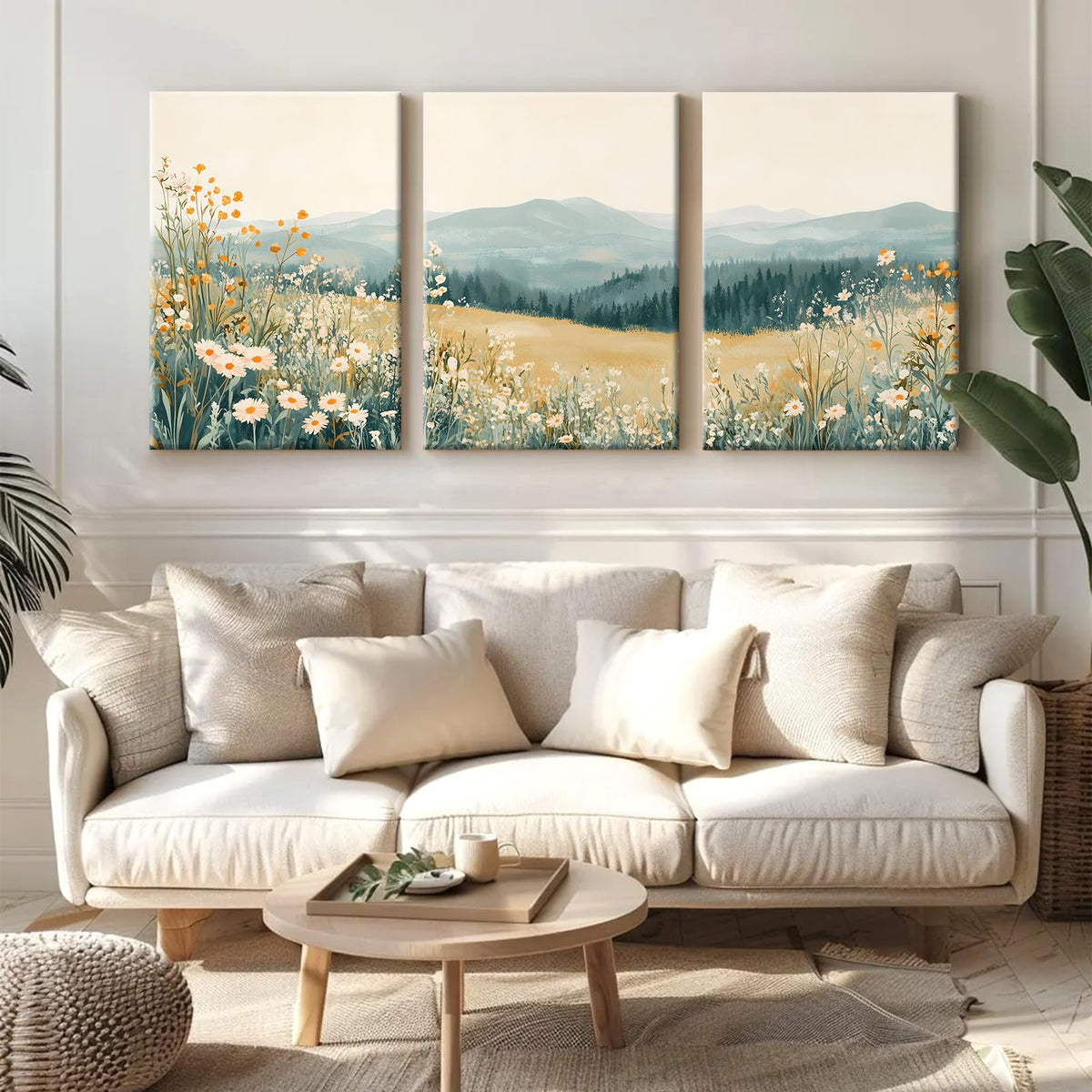 Boho Mountain Flower Wall Art Green Daisy Landscape Canvas Wall Decor Abstract Wildflower Art Prints Watercolor Floral Painting Picture Nature Poster for Living Room Bedroom 16x24x3 Inch Ready to Hang (Green Flower Prints / 16x24 Inch Wrapped Canvas)