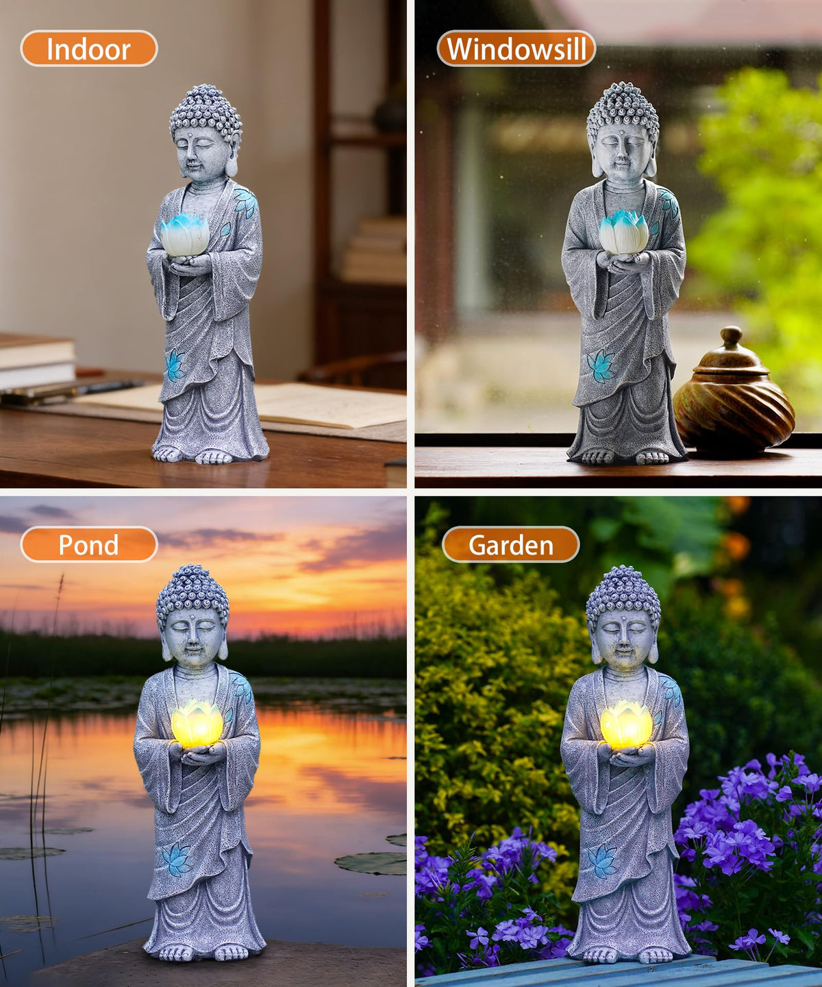 Solar Buddha Garden Statue Decor (37cm Grey)