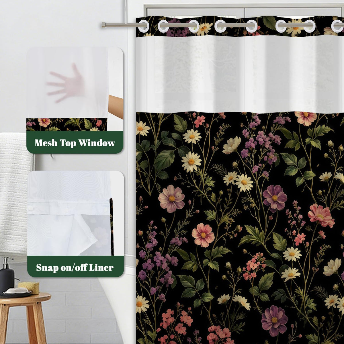 Dark Botanical & Flower Shower Curtain with Snap in Liner Set (Dark Floral-b)