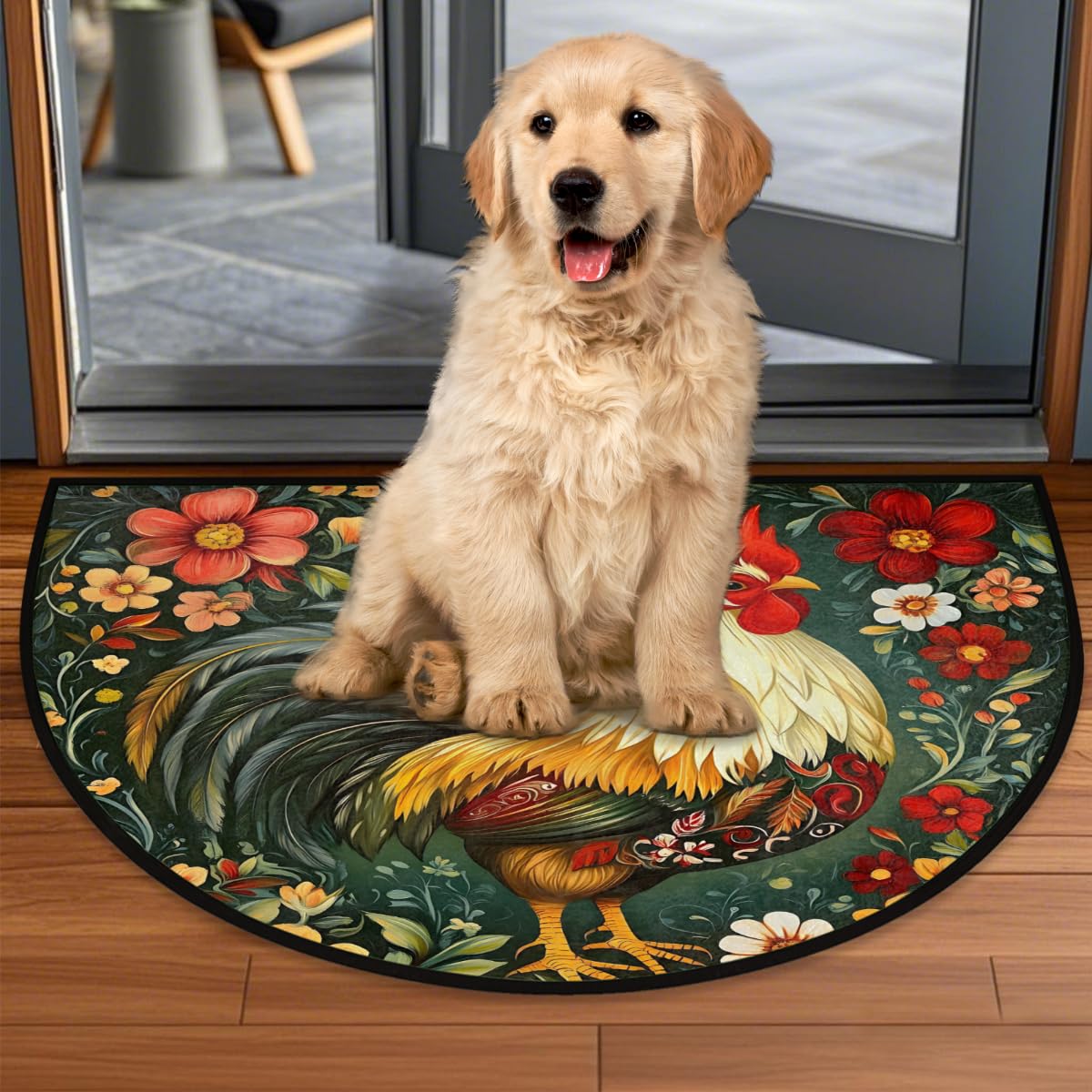 Half Round Doormat Beautiful Rooster Flowers Washable Semi Circle Area Rug Non Slip Half Moon Rug Holiday Decor Mat for Indoor Outdoor Bathroom Kitchen Welcome Fireplace Hearth Floor Mat (D02:rooster)