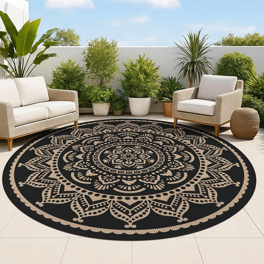 Waterproof Outdoor Rug (Flower Black Gold / 8' (Round))