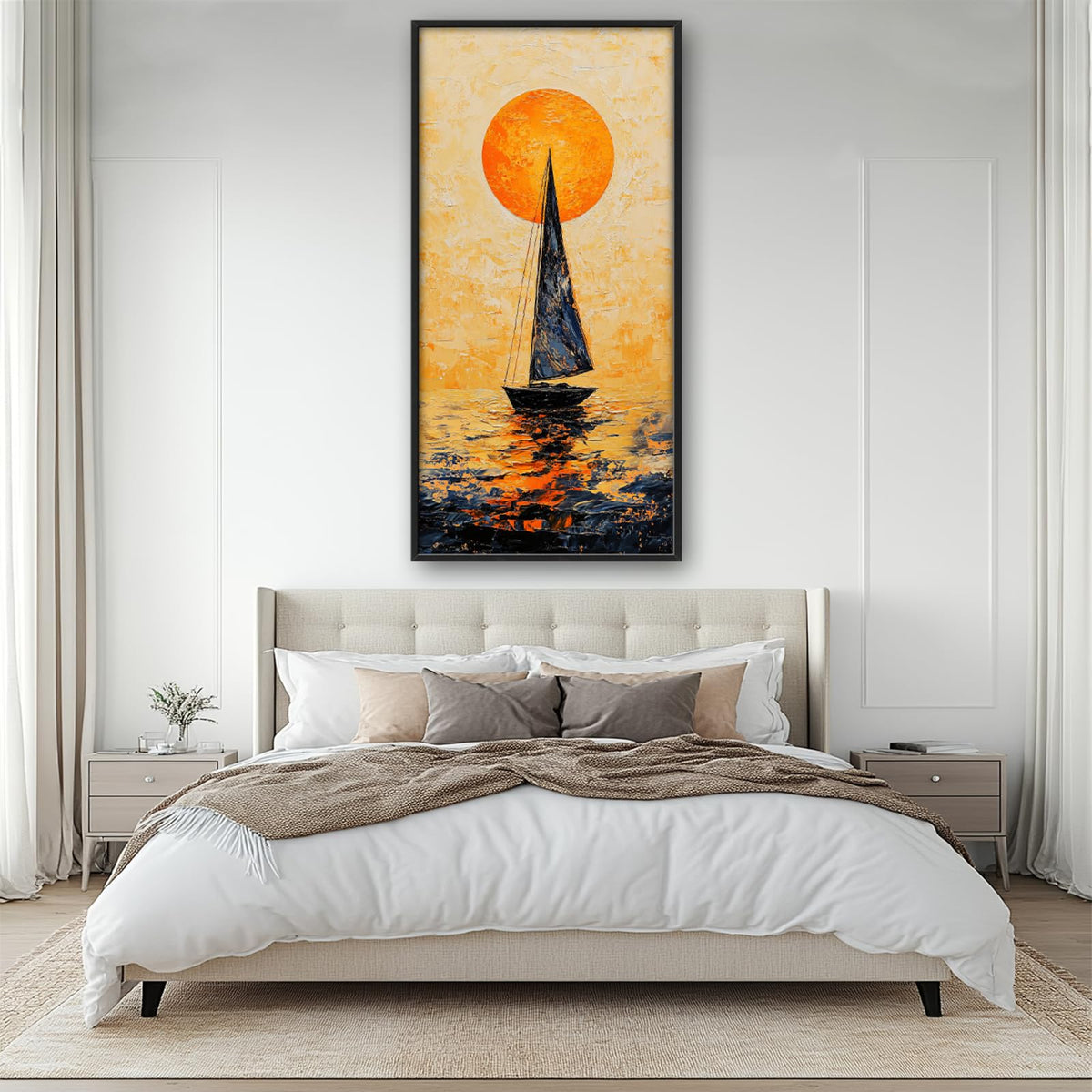 Sunset Sailboat Ocean Large Vertical Wall Art Coastal Seascape Canvas Framed Wall Decor Nautical Beach Pictures Painting for Living Room Bedroom Office 30"x60" (Sunset Sailboat Ocean / 60"L x 30"W)