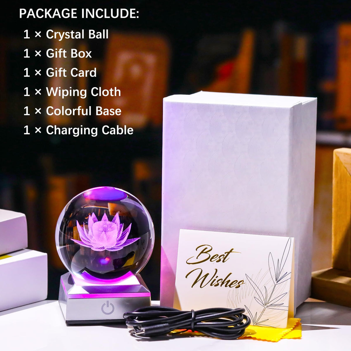 Crystal 3.14 Engraving Lotus Flower Figurine Ball with Colorful LED Base (Lotus)