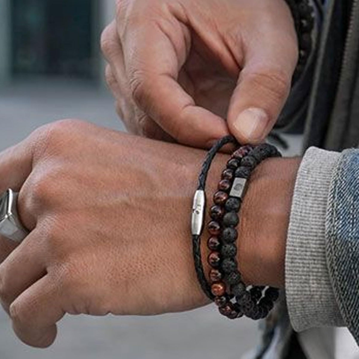 Mens Bracelets 8MM Natural Stone Beads Bracelet Set Stretch Adjustable Beaded Bracelets for Men (2,red,black)