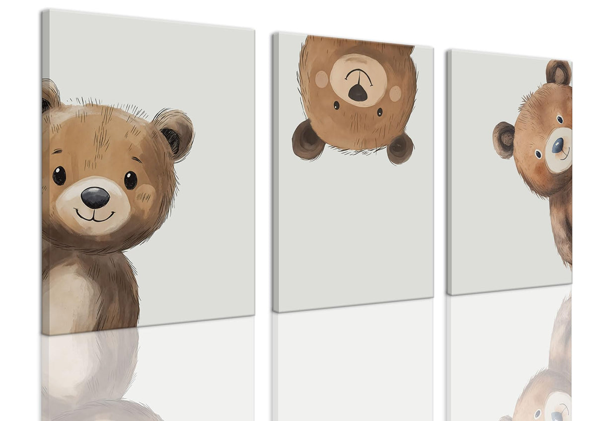 3 Piece Baby Bear Canvas Wall Art Nursery Funny Animal Wall Art Cute Bear Pictures Wall Decor Kids Baby Boy Animal Art Prints for Children's Room Bedroom 12"X16" Framed (Teddy bear / 12x16in)