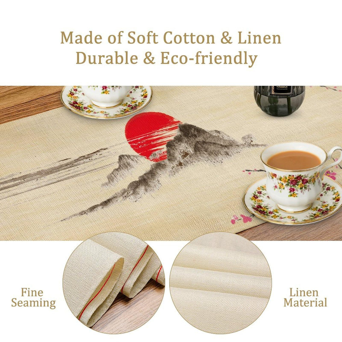Japanese Cherry Blossom Table Runner Retro Spring Landscape Mountain Plum Floral Tabletop Decor Cover for Holiday Dining Room Party 13x90 Inch (13x90inch / Plum-1)