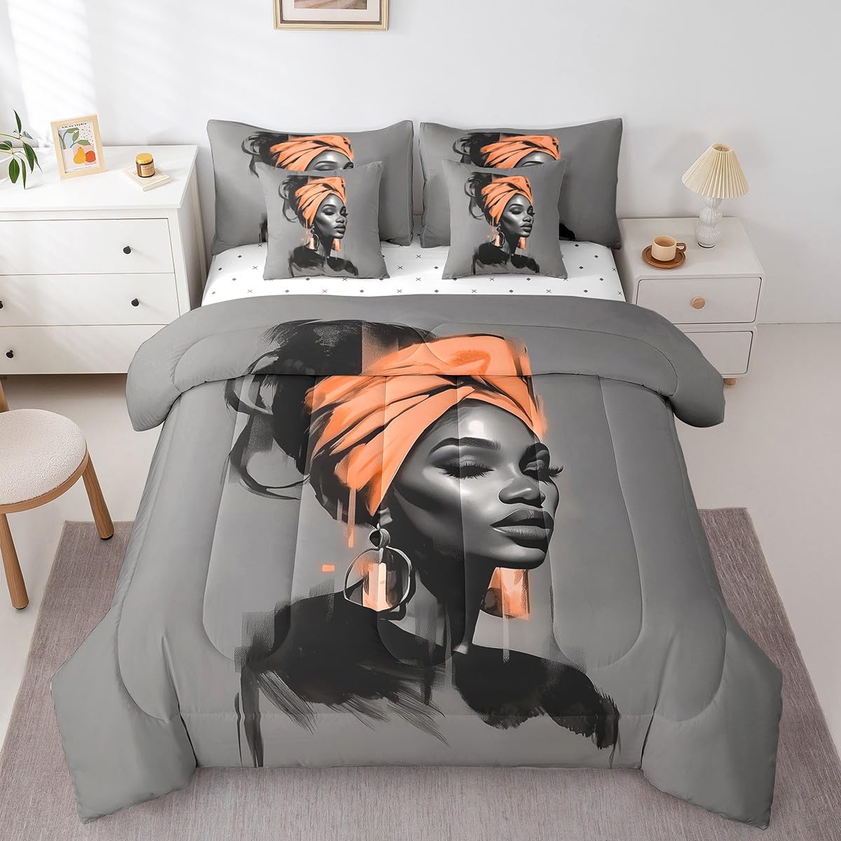 Black Women Comforter Set with Sheets Full Size African American Woman 7 Piece Bedding Set All Season Teens Orange Abstract Bed in A Bag Breathable Soft Lightweight Modern Room Decor (Light Gray Orange / Full)