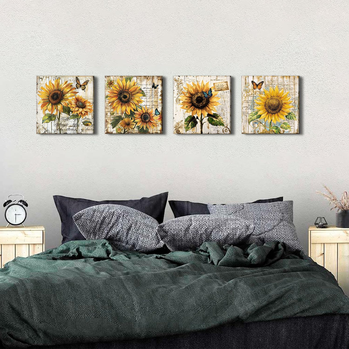 4 Piece Sunflower Canvas Wall Art Farmhouse Kitchen Pictures Wall Decor (12"L x 12"W / sunflower)