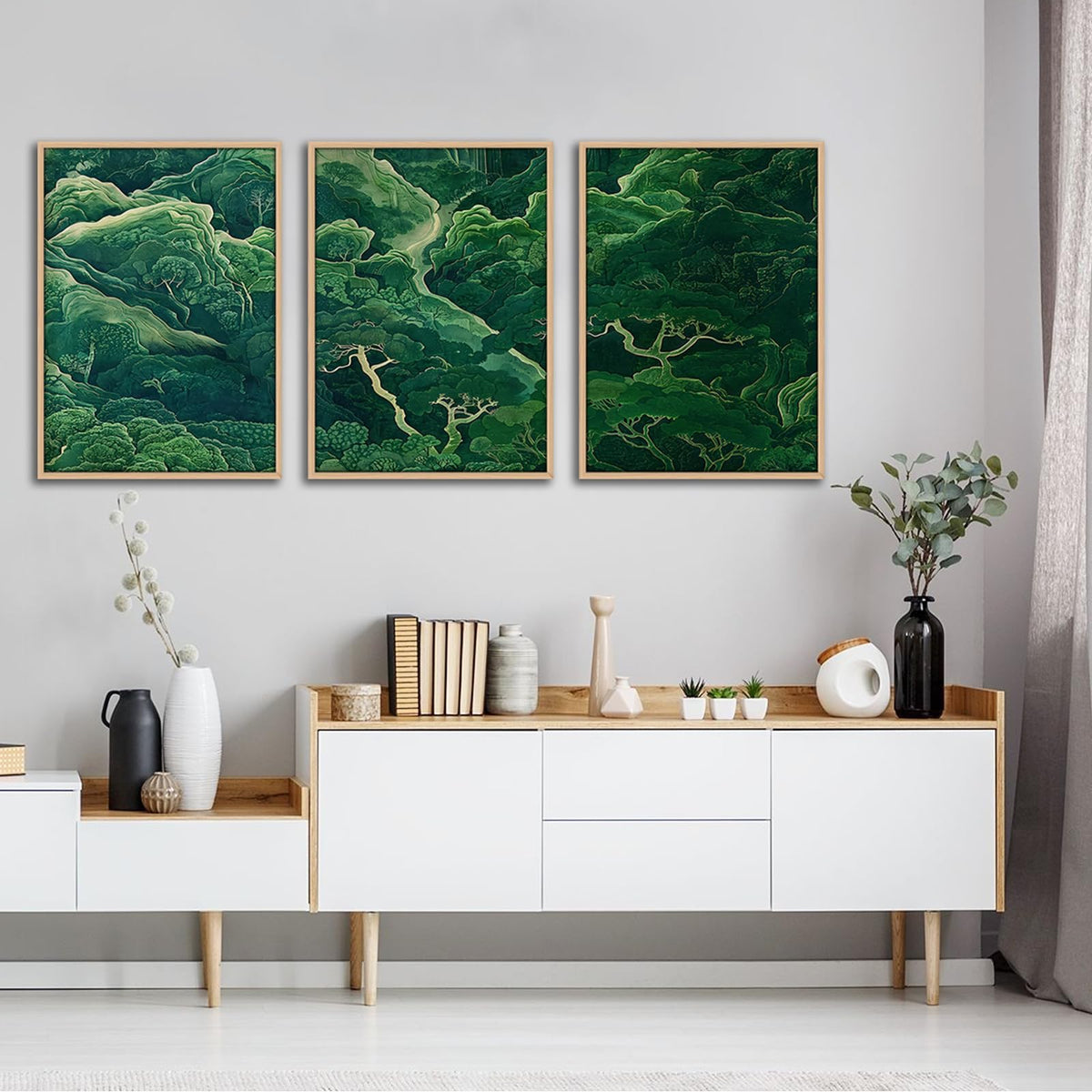 3Pcs Green Japanese Forest Wall Art Ukiyoe Nature Mountain Canvas Prints (Green Forest / 12x16 Inches)
