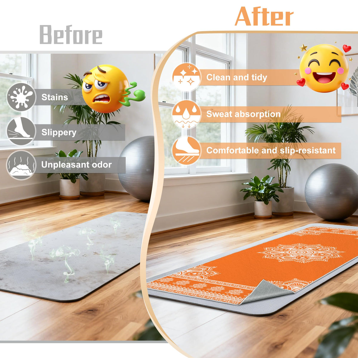 Yoga Towel Absorbent Yoga Mat Towel for Hot Yoga Non Slip (Orange Mandala / Casual)